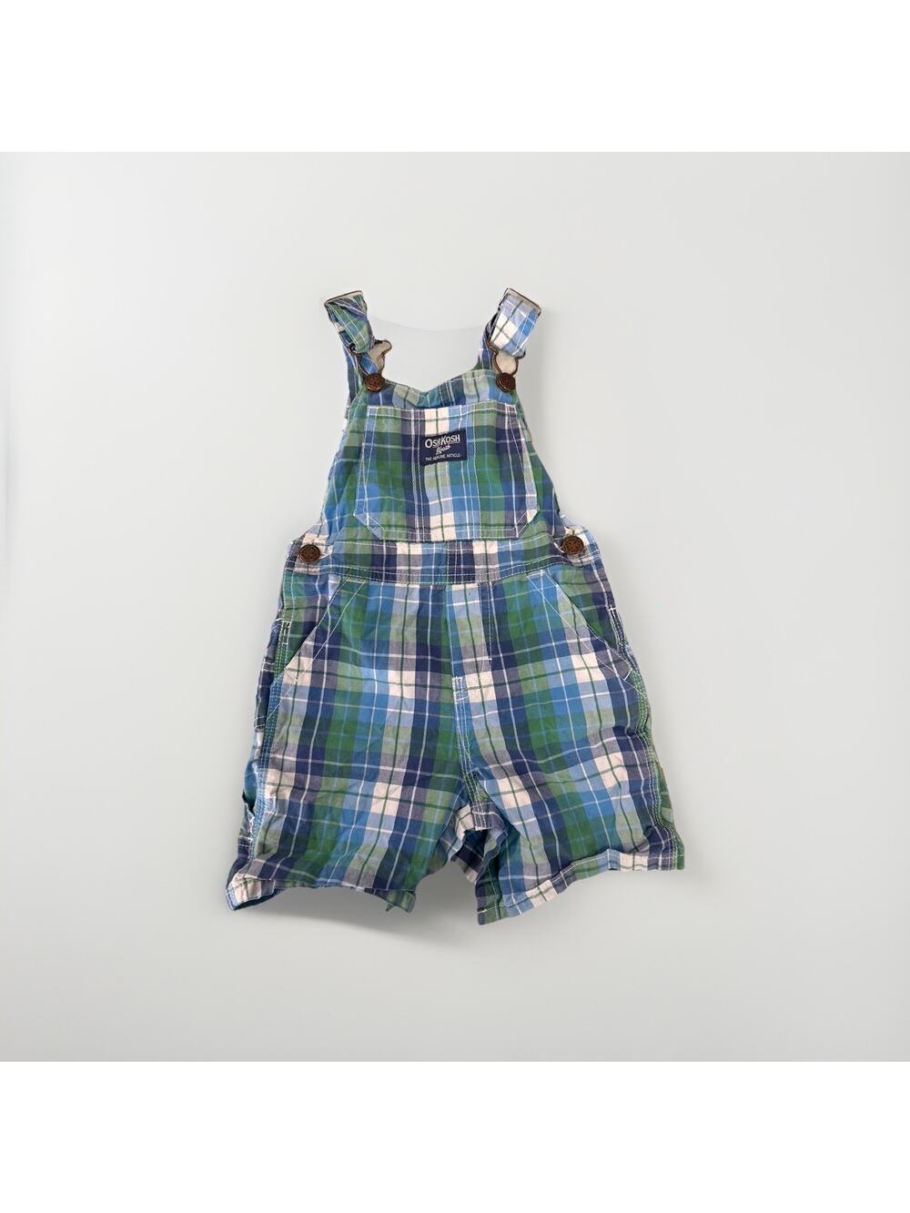 Vintage Oshkosh B'Gosh Boys 24 Months Blue Plaid Shortalls Overalls Bibs